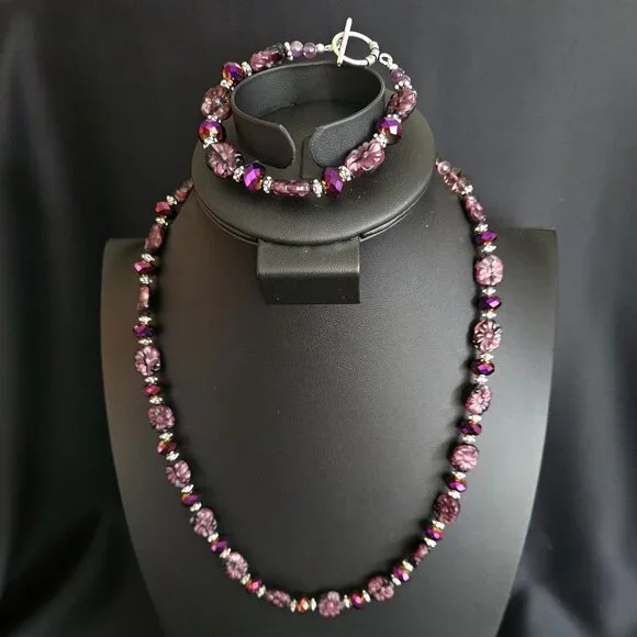 Hand Crafted Carved Amethyst Fluorite Necklace and Bracelet Ensemble - Picture 1 of 12